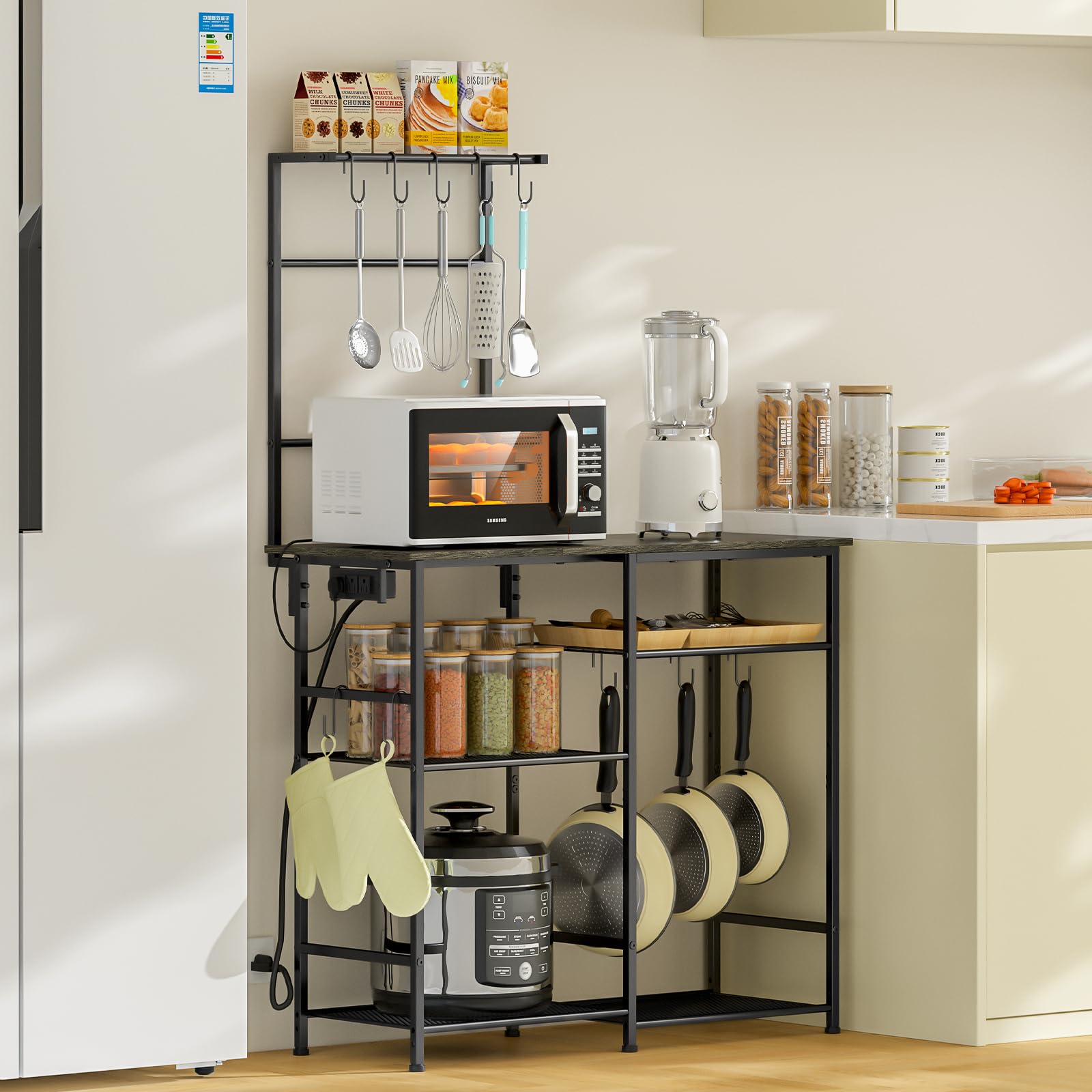 3IngSeagulls Bakers Rack with Power Outlet, Kitchen Microwave Stand with 10 S-shaped Hooks, 6-Tier Coffee Bar Station, Kitchen Storage Shelf Rack for Spices, Pots, Gray