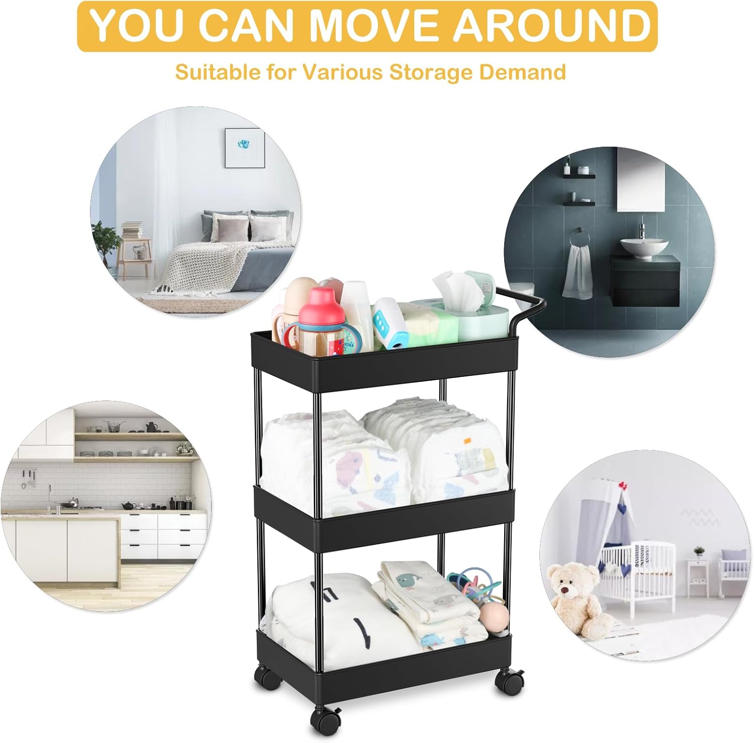 Volnamal Diaper Caddy - Versatile Plastic Organizer for Nursery Essentials | Movable Cart in Black