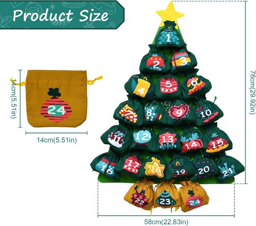 Cshare Christmas Advent Calendar - Reusable Hanging Tree Design with 24 Pockets for Countdown Decor