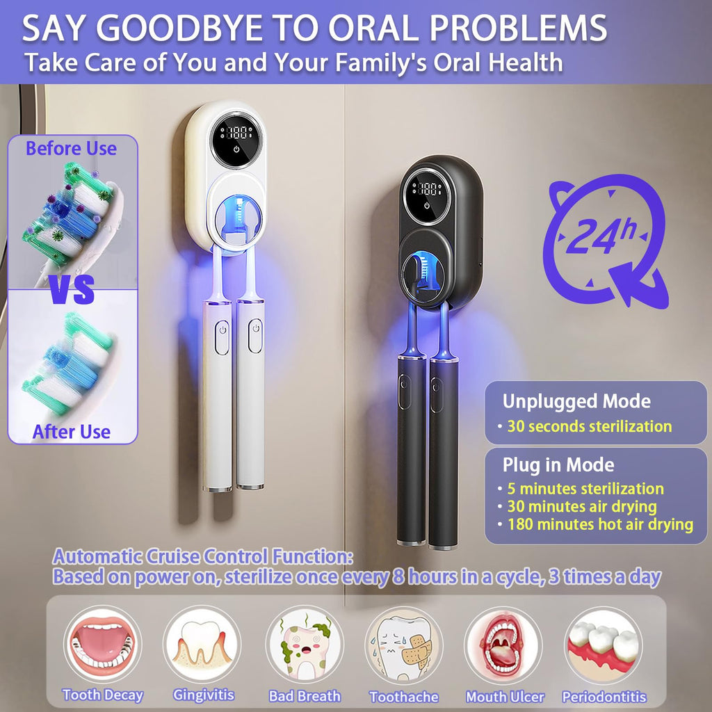 Wall Mounted Toothbrush Holder, Toothbrush Covers with 2 Toothbrush Slots, Portable Cleaning Box for Electric and Manual Toothbrushes, Inductance Cleaner Case Without Drilling (Black)