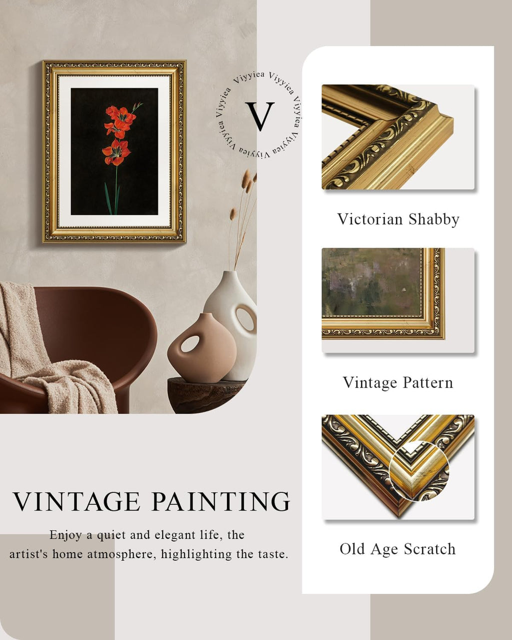 VIYYIEA Gold Framed Canvas Print - Red Flower Wall Art on Black Background | Aesthetic Home Decor 11x14in