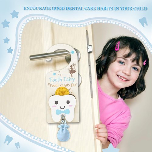 Tooth Fairy Tooth Bag, Tooth Fairy Door Hanger with Tooth Fairy Coin, Money Slot, Keepsake Bottle, Velvet Pouch, Tooth Fairy Box - Encouragement Gift for Boys and Girls Losing Teeth