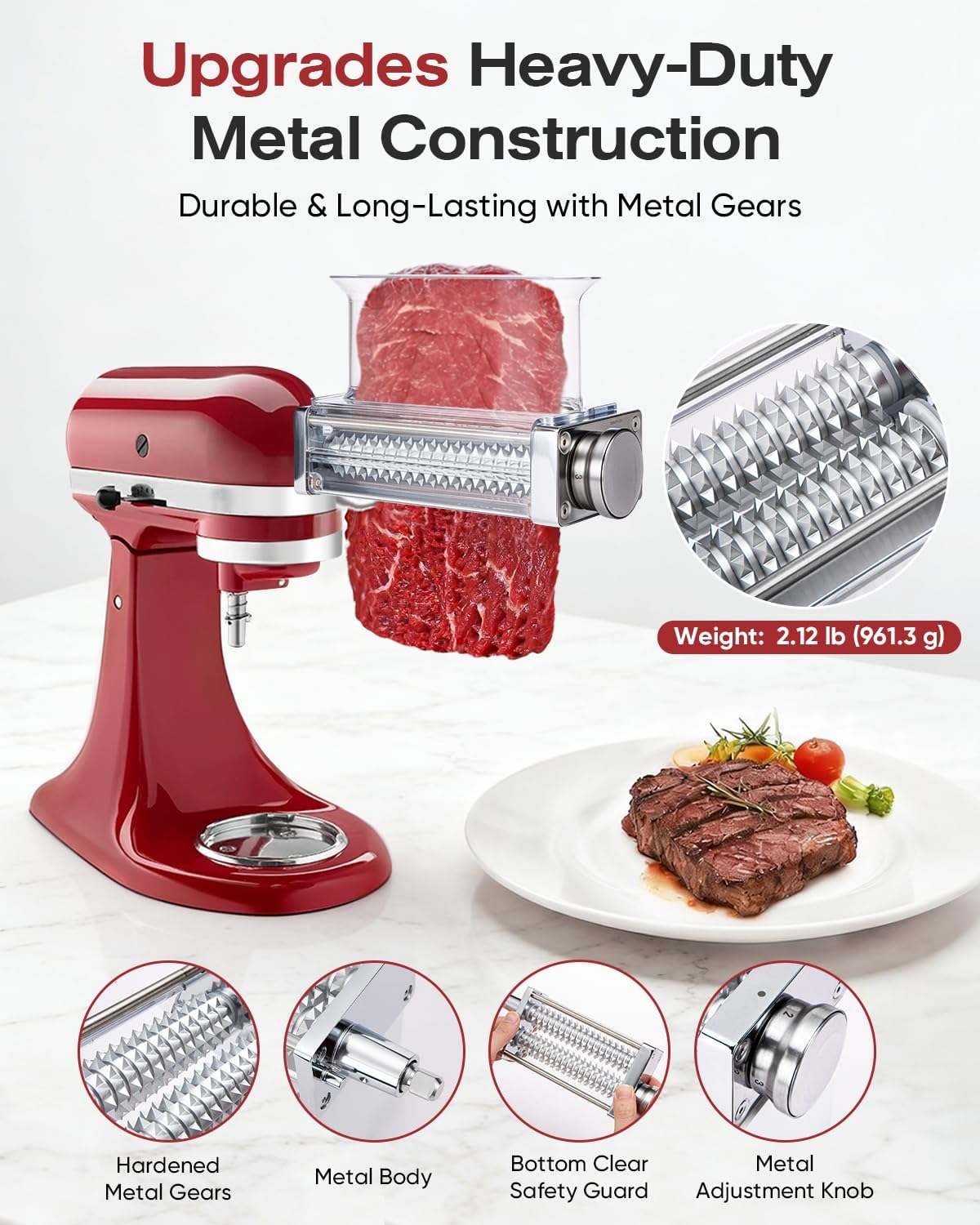 Skiennix Adjustable Meat Tenderizer Attachment - 3 Thickness Settings for KitchenAid Mixers | Durable Metal Wheel & Tall Chute