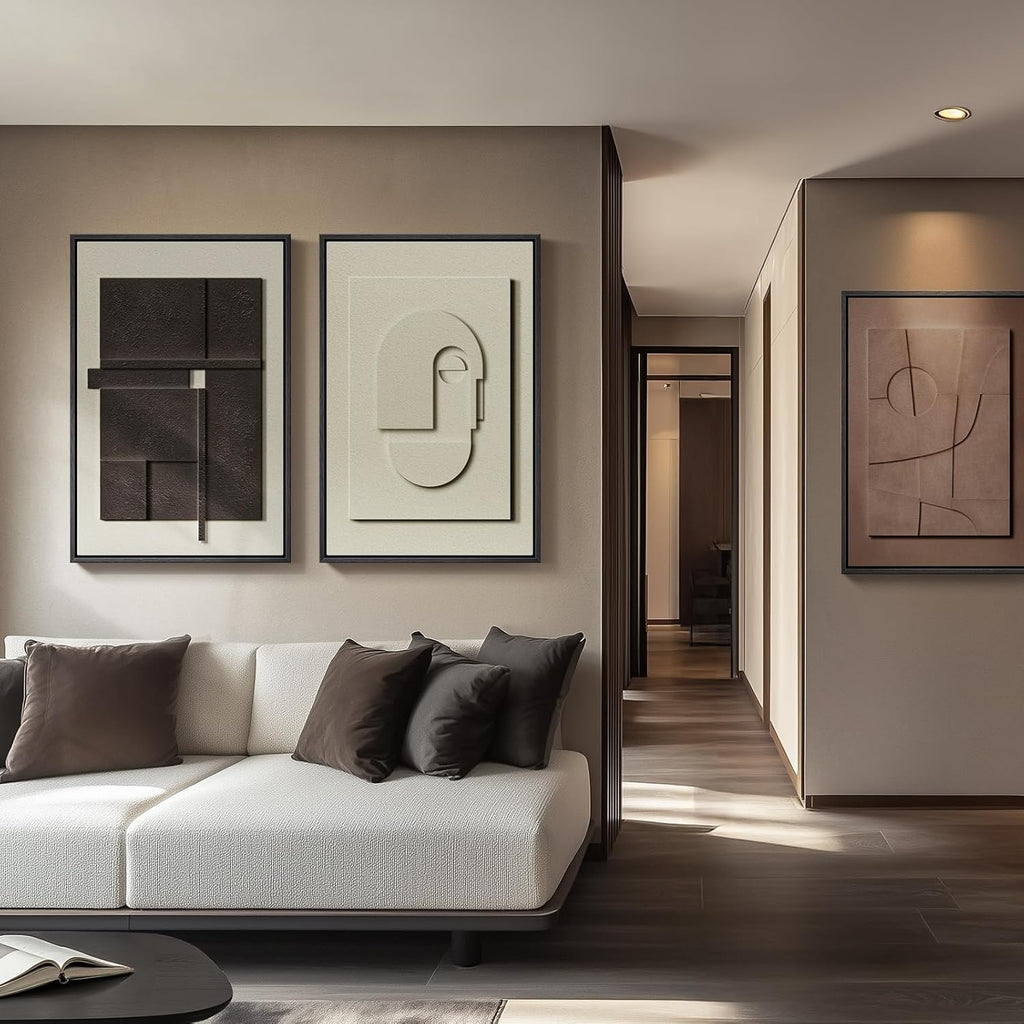 Skiennix 3D Textured Framed Abstract Wall Art - Modern 3-Piece Paintings for Living Room | Black, White, Brown, 24x36 In