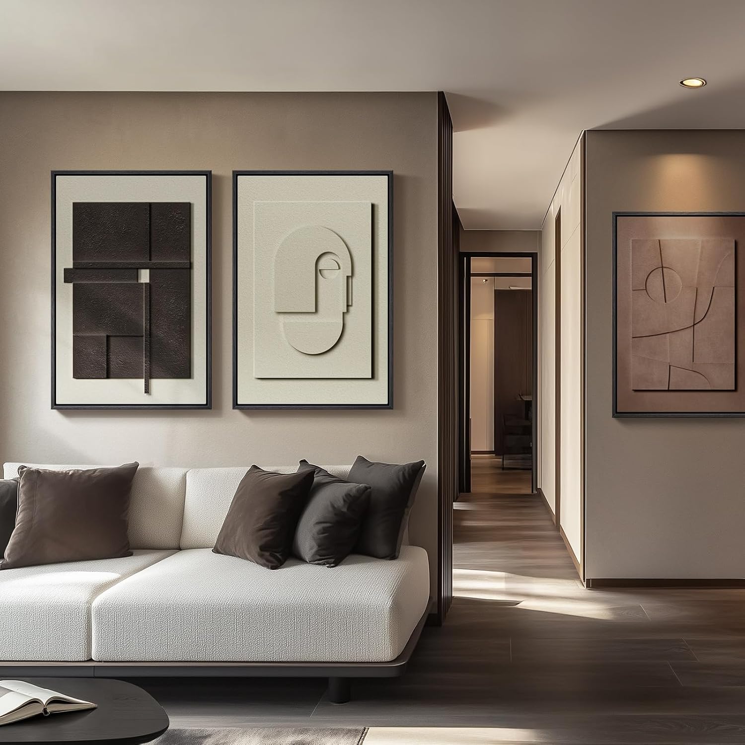 Skiennix 3D Textured Framed Abstract Wall Art - Modern 3-Piece Paintings for Living Room | Black, White, Brown, 24x36 In