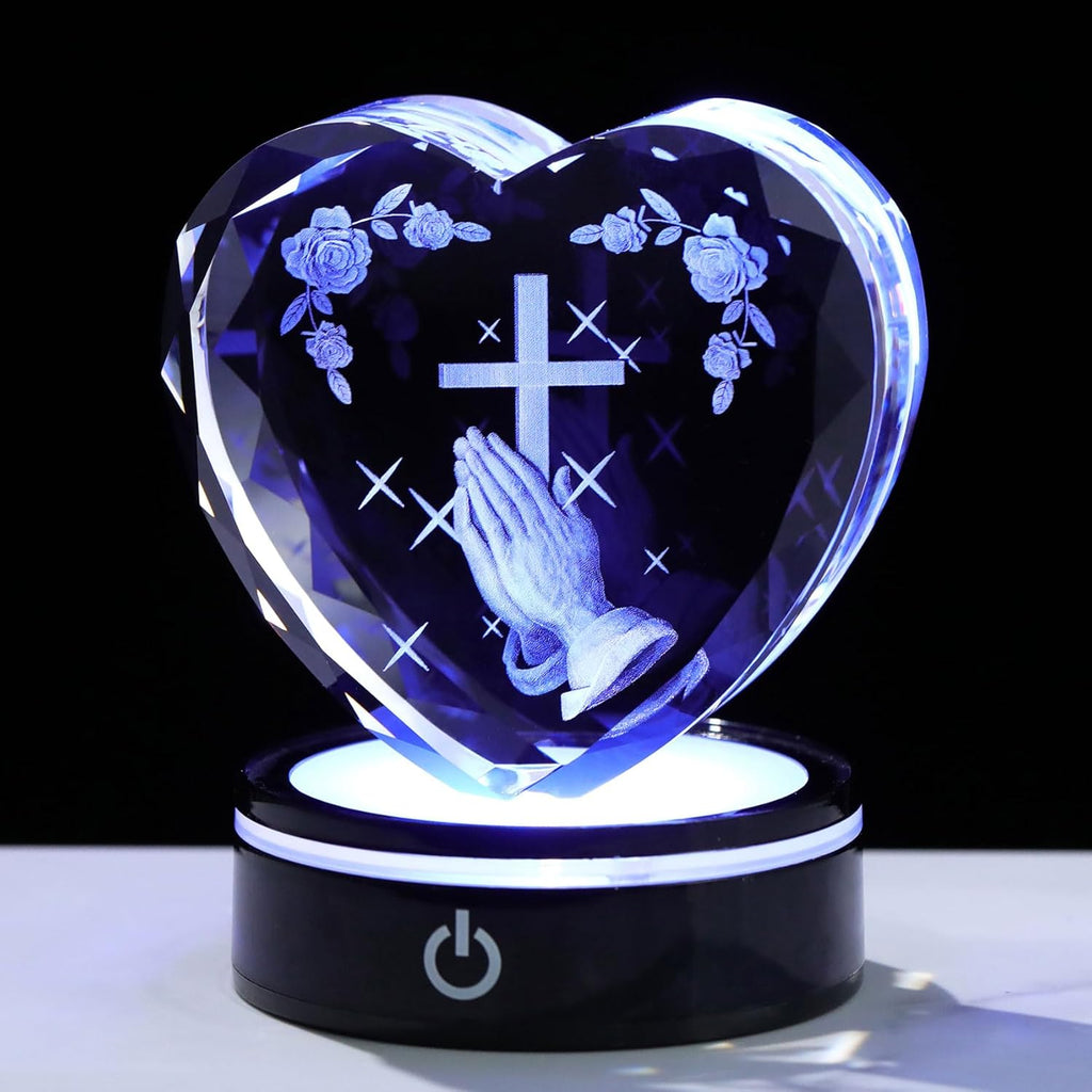 Ornalrist Crystal Heart 3D Praying Hands | Colorful LED Base Night Light Gift for Men & Women