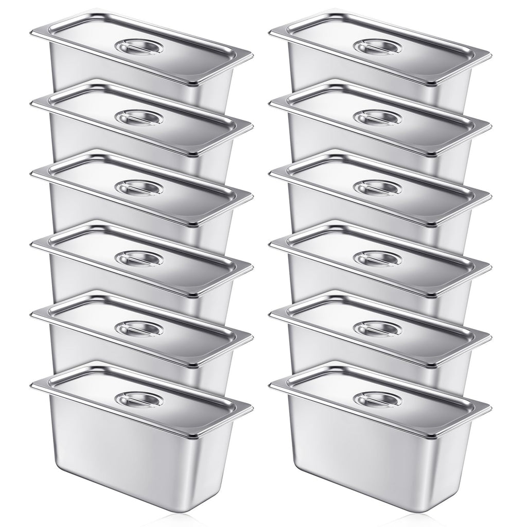 Mifoci 12 Pack Stainless Steam Hotel Pan with Lid, 1/3 Size x 6 Inch Deep Restaurant Supplies Reusable Anti Rust Steam Water Pan for Home, Party, Restaurant, Hotel, Buffet