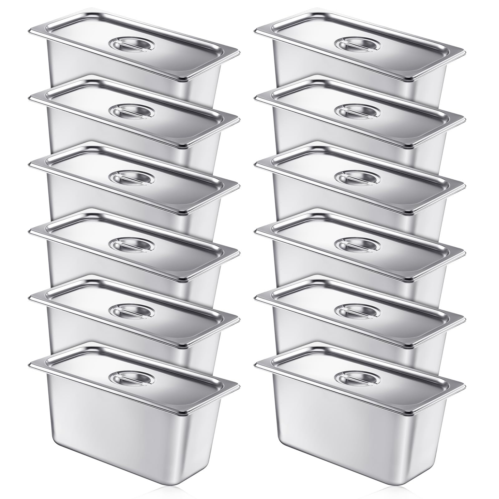Mifoci 12 Pack Stainless Steam Hotel Pan with Lid, 1/3 Size x 6 Inch Deep Restaurant Supplies Reusable Anti Rust Steam Water Pan for Home, Party, Restaurant, Hotel, Buffet