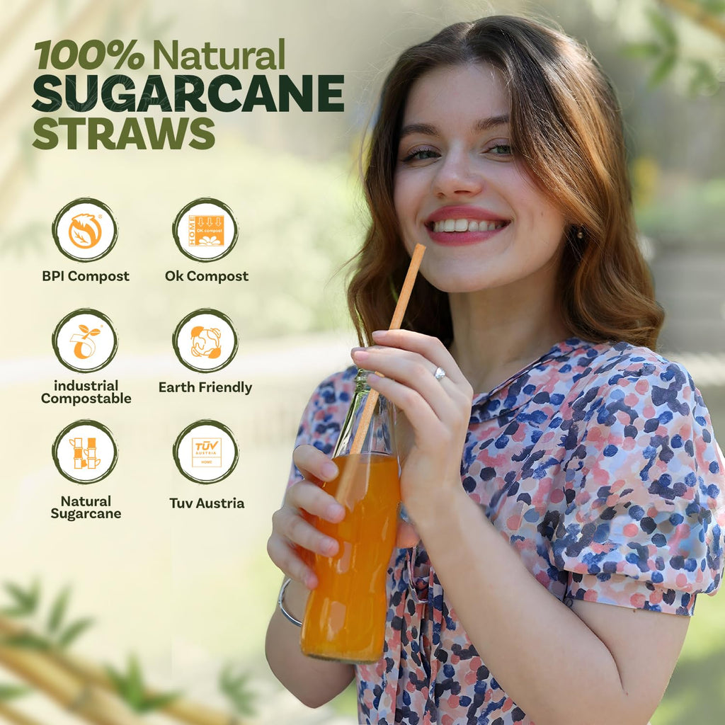 Weemium Sugarcane Straws [300 Pack] 8.25" | FSC Certified 100% Compostable Straws Disposable for Warm and Cold Drinks | Plastic-free & Biodegradable Packaging | Eco friendly made with Sugarcane Fiber