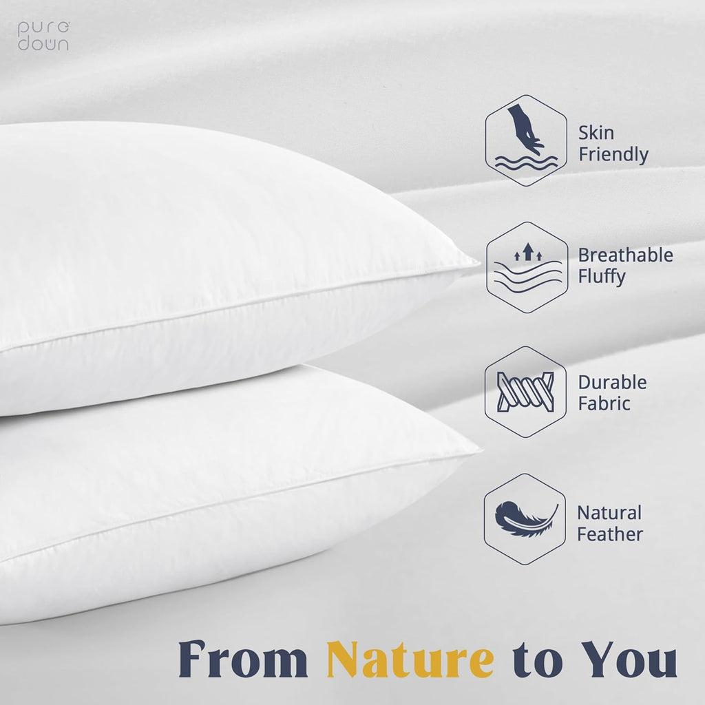 Puredown® King Size Goose Feather & Down Pillows - Soft Cotton Cover, Set of 2 for Ultimate Comfort
