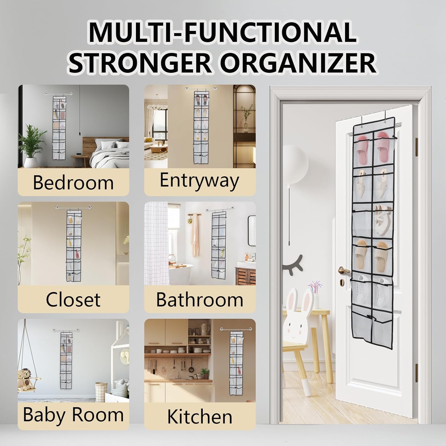 Over The Door Shoe Organizer - 12 Mesh Pockets with 4 Metal Hooks | Space-Saving Design (White)