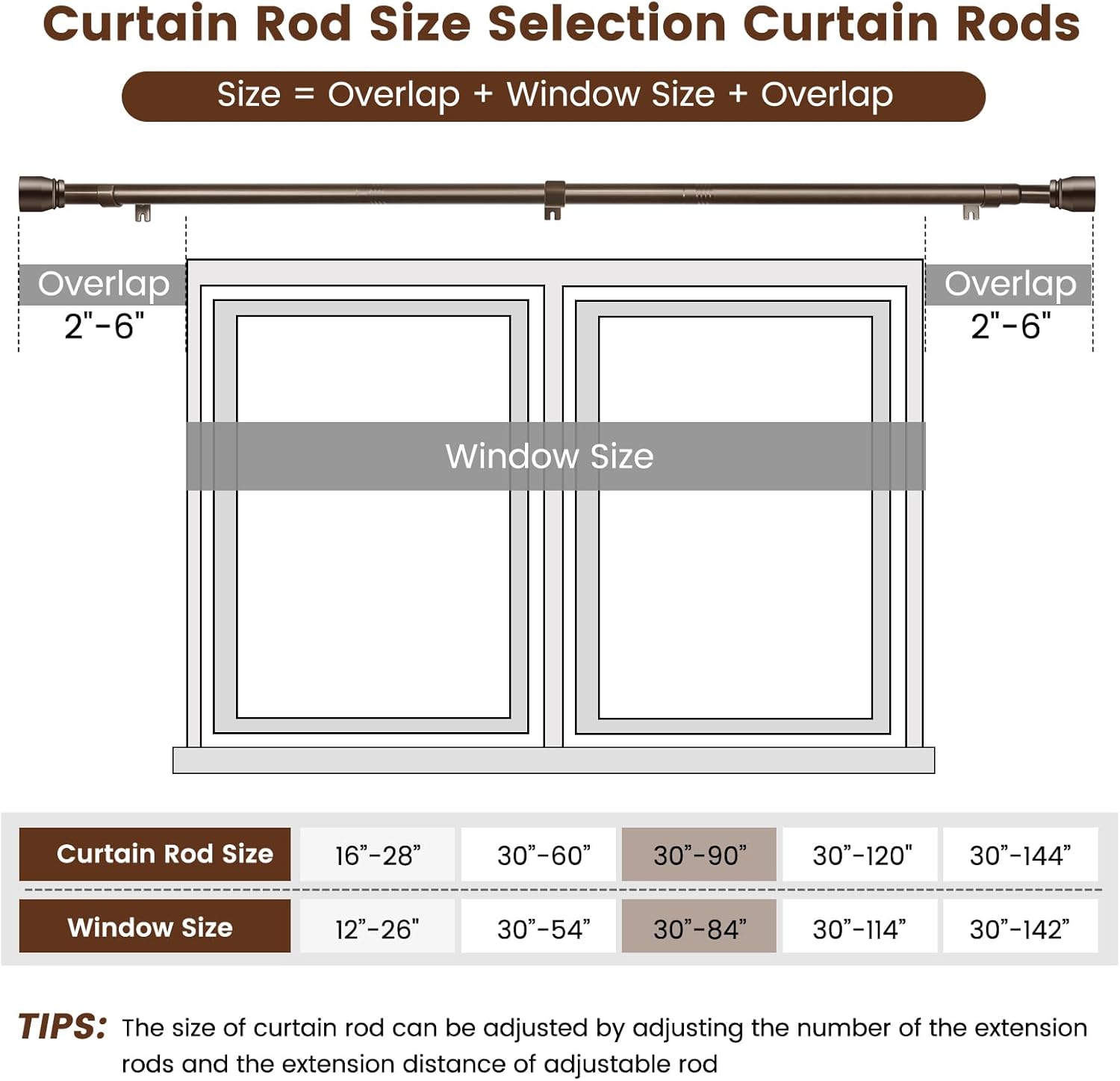 Skiennix Heavy-Duty Adjustable Brown Curtain Rod - Fits 30-84 Inch Windows, 1 Inch Diameter