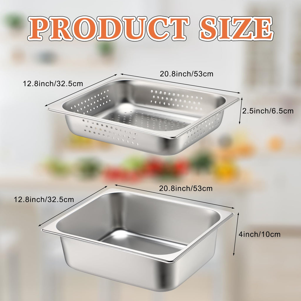 Tioncy 2 Pack Full Size Hotel Pans with Perforated Steam Pan, Stainless Steel Steam Table Pan Multifunctional Food Chafing Supplies for Restaurant Kitchen(Full Size, 2.5 Inches, 4 Inches)