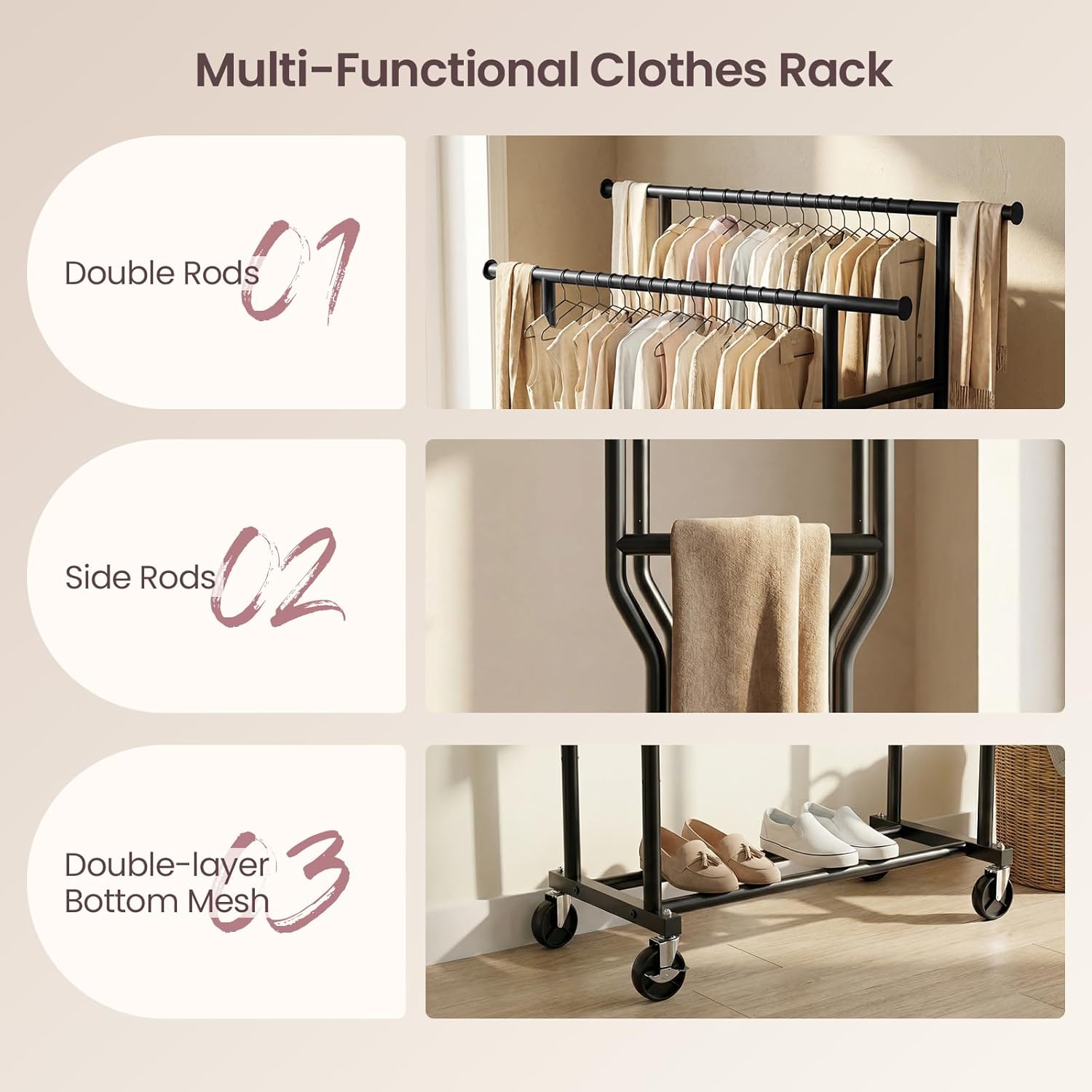 Skiennix Double Rod Rolling Clothes Rack - Heavy-Duty Metal Garment Rack with Wheels, Black
