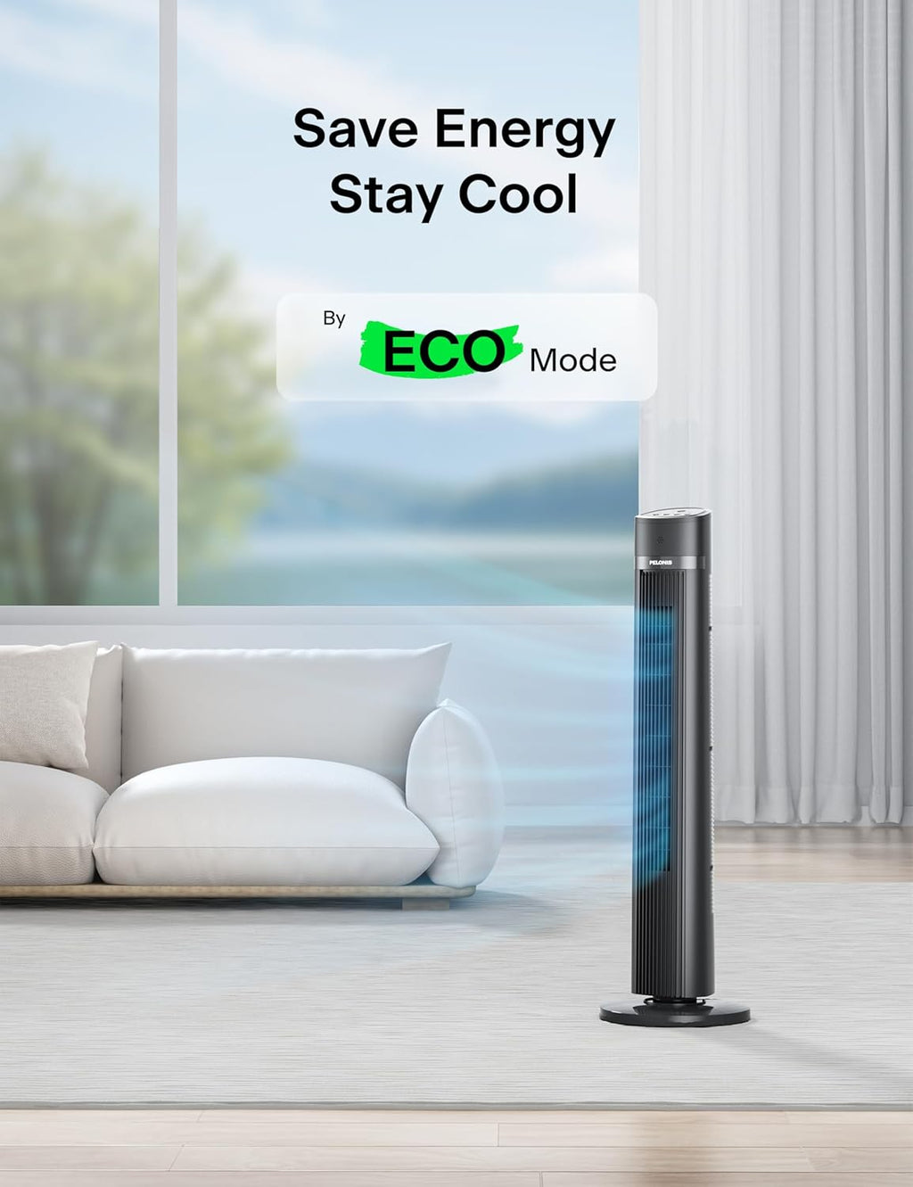 Pelonis 40-Inch Bladeless Tower Fan - Quiet 3-Speed Standing Fan with Remote, 90° Oscillation, Grey