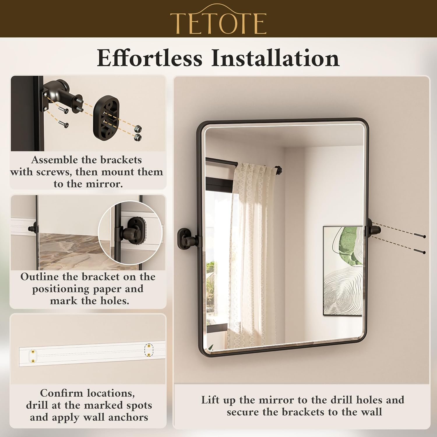 TETOTE Pivot Mirror - Modern Farmhouse Matte Black Rectangle Vanity Mirror | 20 x 30 Inches, Adjustable Beveled Glass