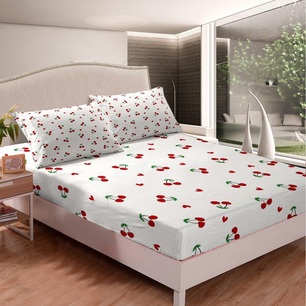 Feelyou Kids Red Cherry Fitted Sheet Queen Size, Cherry Pattern Bed Sheet Set Boys Girls Cute Fruit Bedding Set Kawaii Cartoon Fruit Teens Bed Cover Room Decor Lightweight Bed Set (No Flat Sheet)