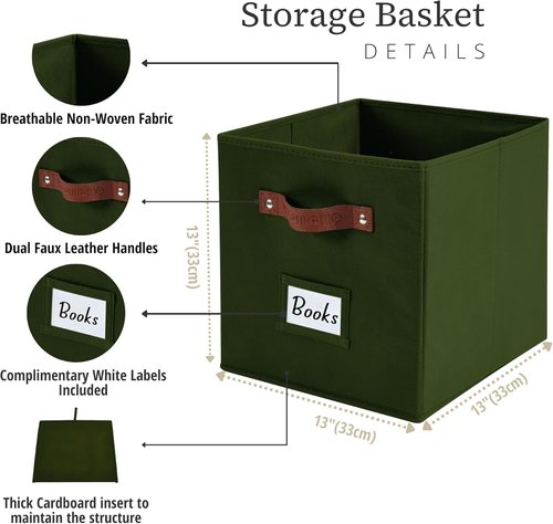 DECOMOMO Storage Cubes - 13x13x13 Fabric Organizer Bins with Labels | Set of 6 in Olive Green