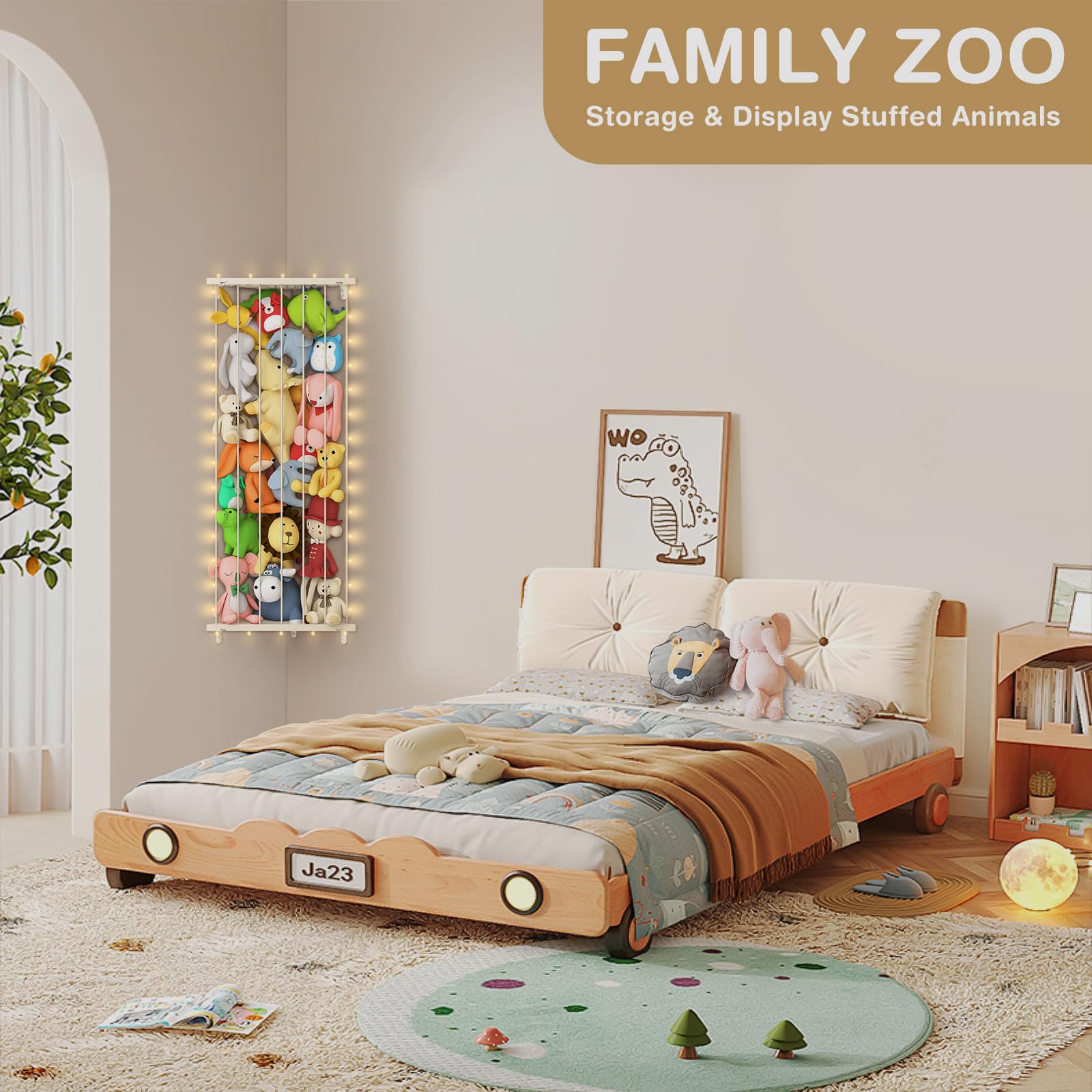 GGUO Corner Stuffed Animal Storage Net - Stuffed Animals Holder with Light - Plush Organizer Hanging Stuffed Animal Hammock with Adjustable Length for Bedroom