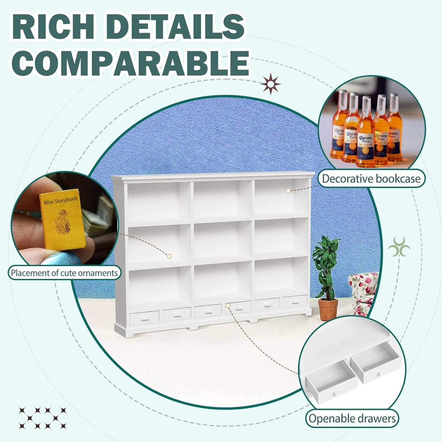 Skiennix 1:12 Scale Dollhouse Bookshelf - Multi-Functional Display for Mini Books & Accessories