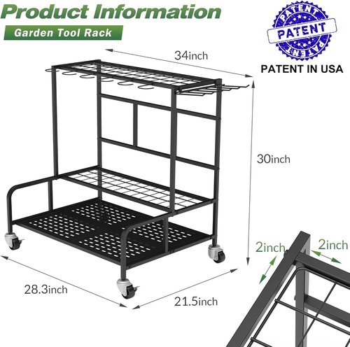 Garden Tool Organizer Rack - Heavy-Duty Steel with Wheels | Holds Up to 39 Tools, 12 Hooks, Black