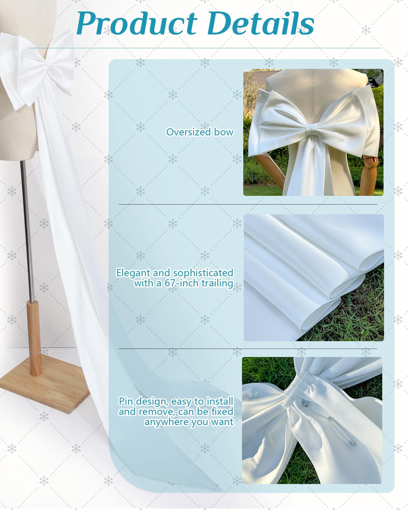 Chuarry Extra Long 67" Satin Bow for Christmas Tree, Detachable Train Removable Sweep Train Waist Sash Belt for Dress(White,Satin Style)