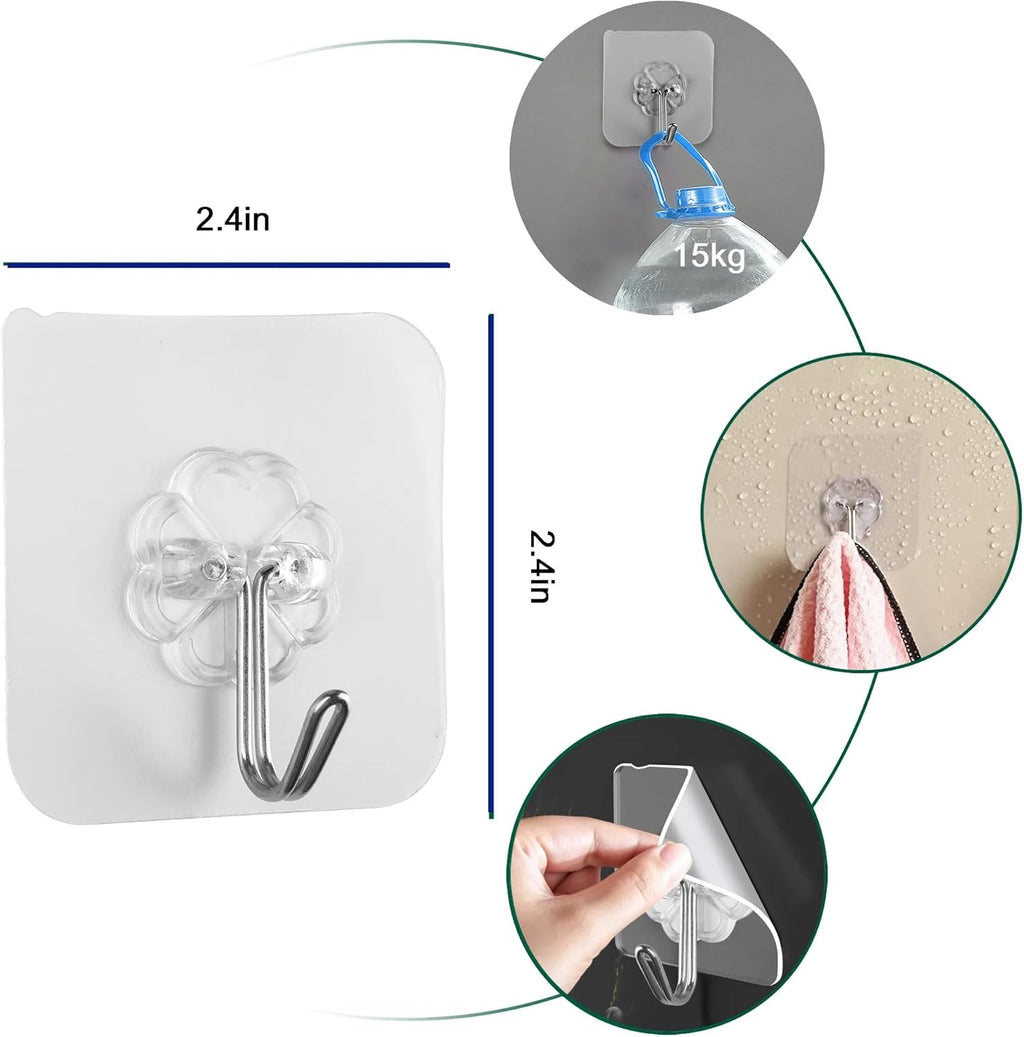 Adhesive Hooks - Heavy-Duty Self-Adhesive Transparent Wall Hooks for Bathroom & Kitchen | 50 Pack