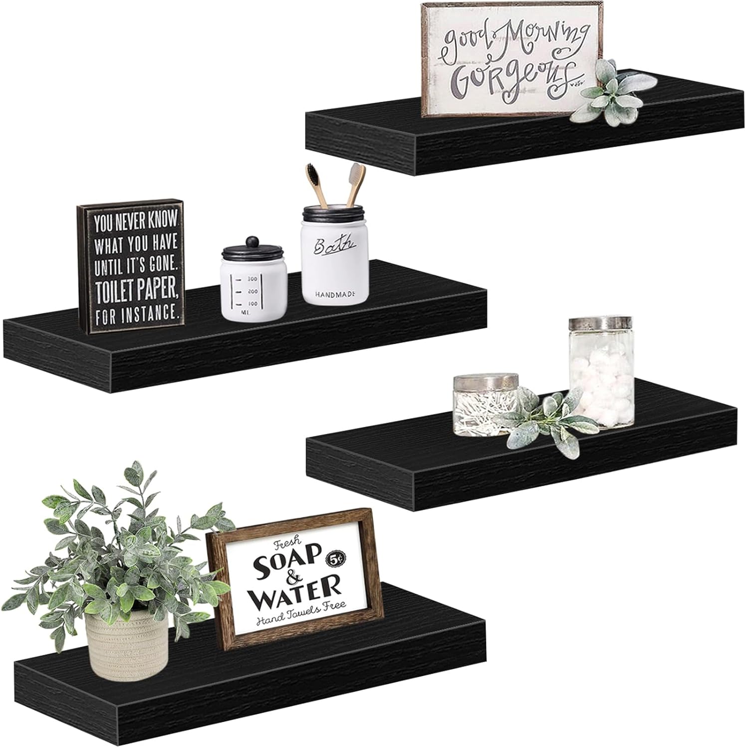 QEEIG Floating Shelves - Stylish Wall Storage for Bathroom, Bedroom & Kitchen - Set of 4, 16 Inch, Black