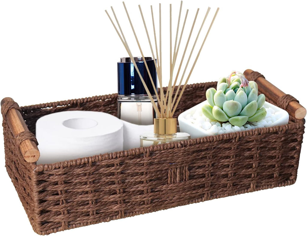 Round Paper Rope Storage Basket by [Brand Name] - Stylish Wicker Organizer with Handle | Brown Small Set for Countertop & Toilet Paper