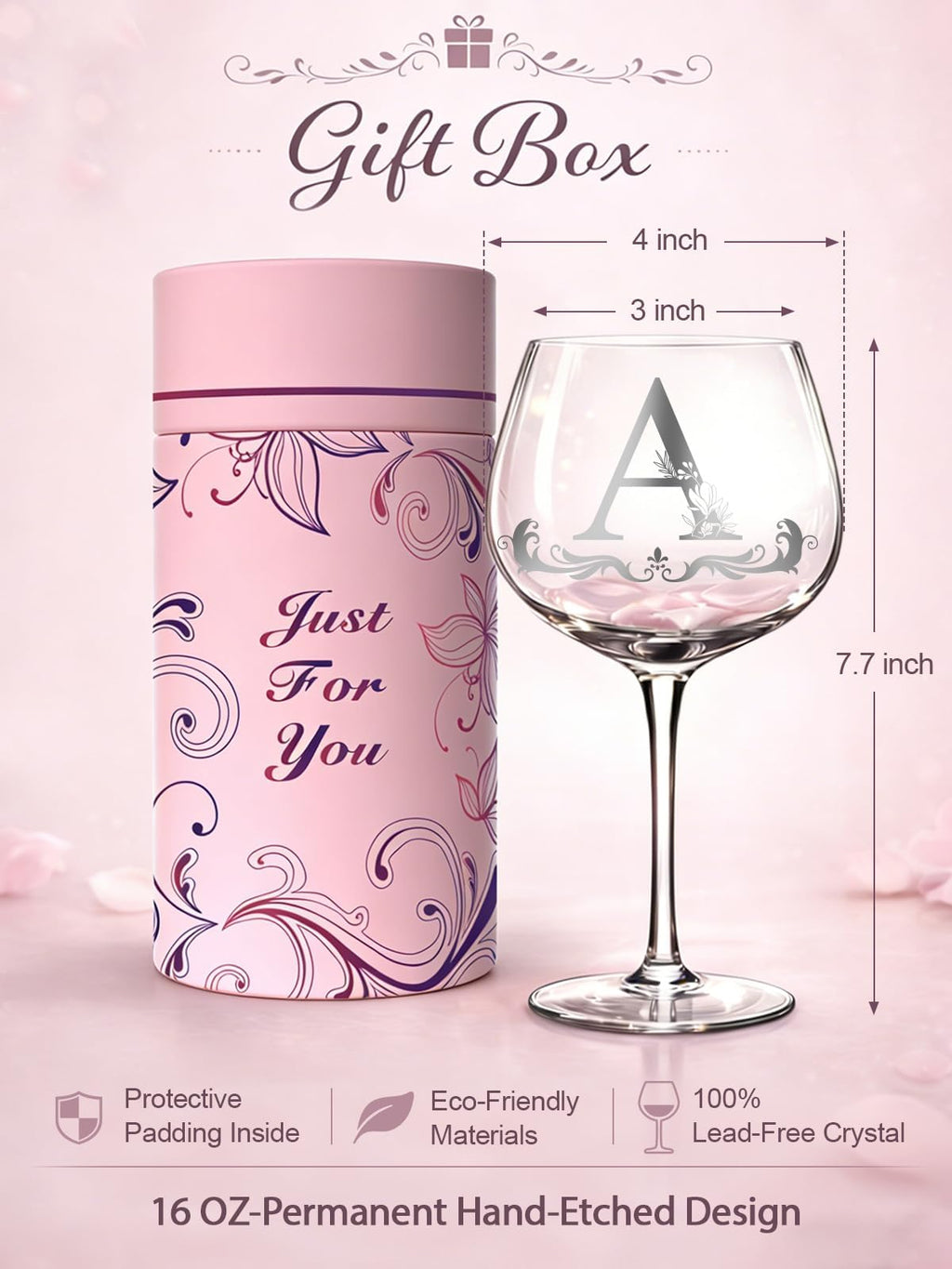 Mothers Day Gifts for Mom, Grandma, Wife - Personalized Initial A-Z Wine Glass Gifs for Women - Unique Birthday Gift for Her, Sister, Best Friend - 16oz Elegant Custom Monogram Glass (Letter A)