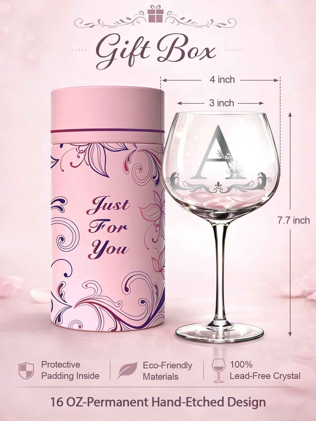 Mothers Day Gifts for Mom, Grandma, Wife - Personalized Initial A-Z Wine Glass Gifs for Women - Unique Birthday Gift for Her, Sister, Best Friend - 16oz Elegant Custom Monogram Glass (Letter A)