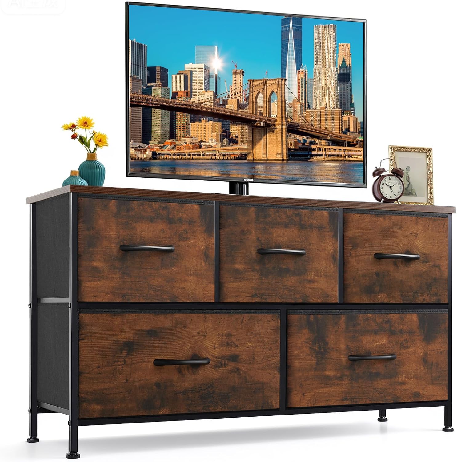 Regine Switzerland 5-Drawer Dresser - Anti-Tip Fabric Storage Organizer with Wooden Top | Brown Finish