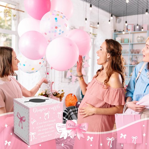 Pink Bow Baby Shower Decorations, Diaper Raffle Box for Baby Shower with 50PCS Cards Kids' Party Banners Game for Girl, Pink Bow Baby Shower Decorations Baby Shower Raffle Tickets