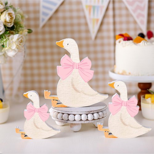 Lineshading 3 Pcs Silly Goose Birthday Party Decoration Pink Bow Wooden Silly Goose Baby Shower Decor Funny Table Centerpiece Gift for Party Favor Desk Tiered Tray, 5.9/4.7/3.9 Inch