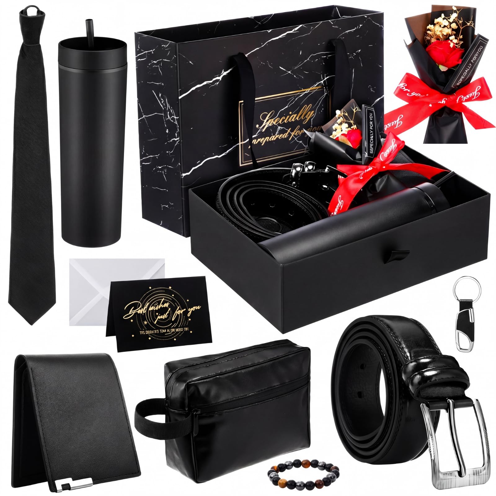 Tioncy 10 Pcs Father Day Gift Basket for Men,Gift Basket Box Kit 16 oz Tumblers Wallet Tie Belt Anniversary Birthday Present for Dad Husband Him Boyfriend(General)