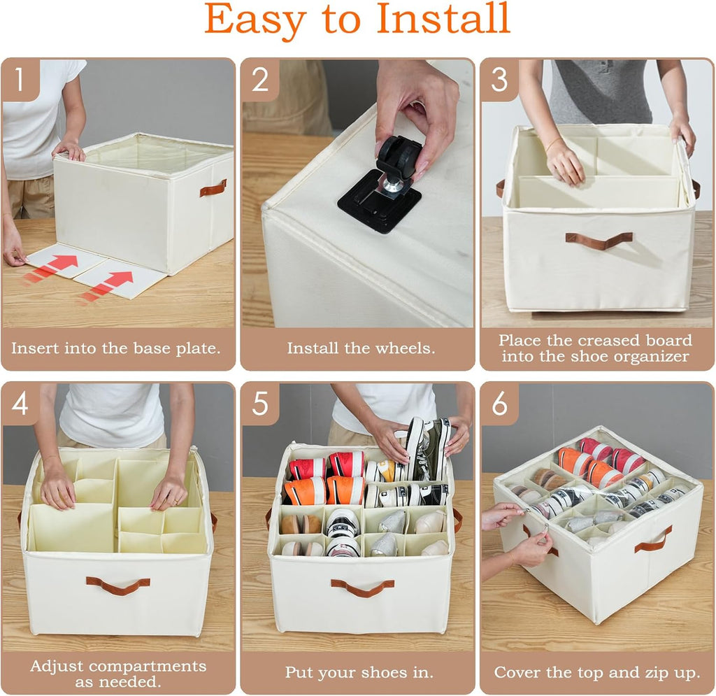 Skiennix Shoe Organizer - 2 Pack Stackable Storage Box with Wheels & Adjustable Dividers | Fits 16-32 Pairs, Beige