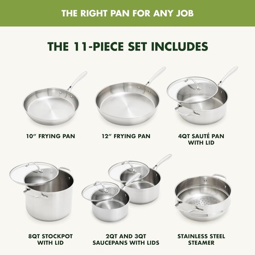 GreenPan Stainless Steel Cookware Set - 11 Piece Induction Cookware | Dishwasher & Oven Safe, 8QT Stock Pot, Silver