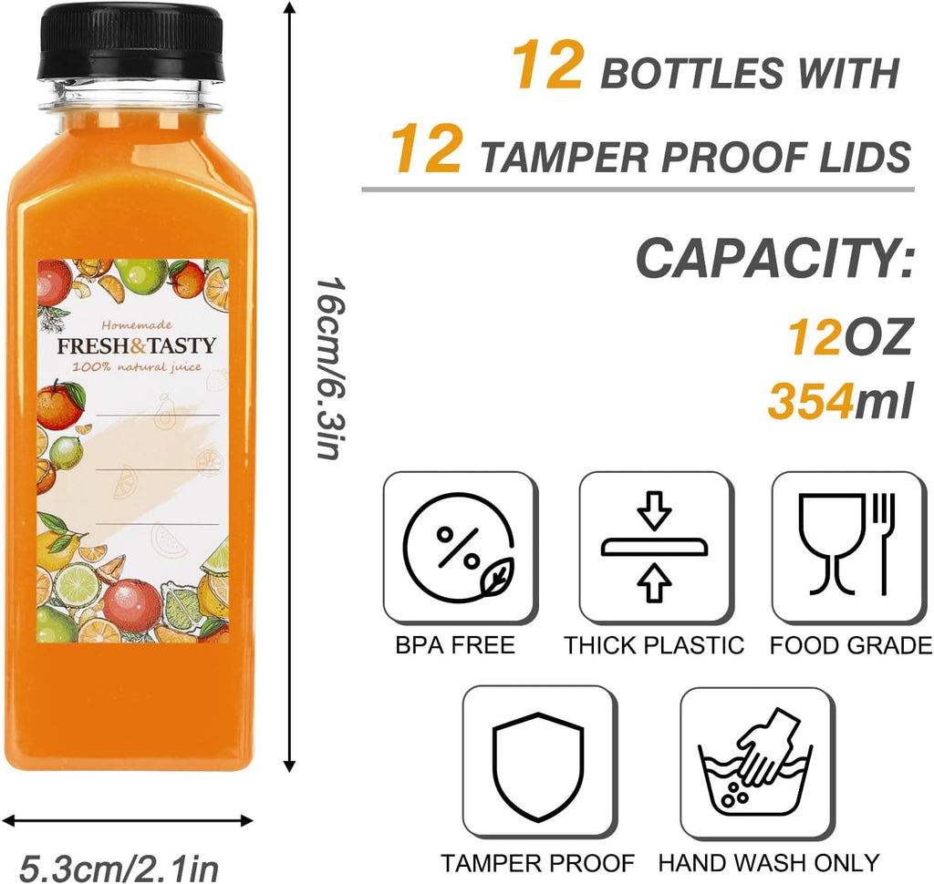 TOMNK 12oz Reusable Juice Bottles - 12pcs Plastic Containers with Caps, Labels & Accessories