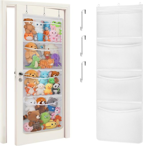 Lifewit Stuffed Animal Storage - Over The Door Organizer with 5 Expandable Mesh Pockets | White, 167 cm High