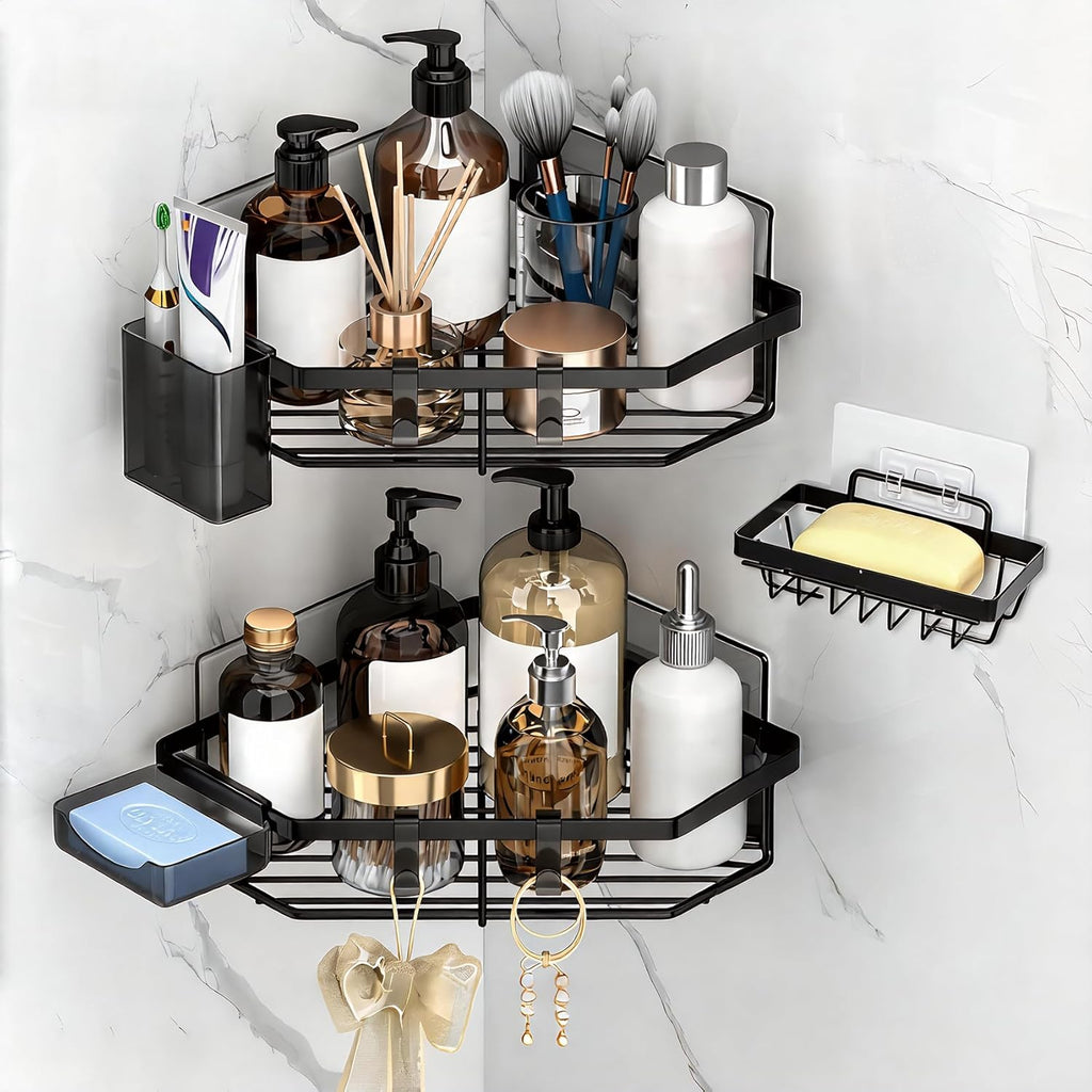Skiennix Corner Shower Caddy - 5-Pack Adhesive Organizer Shelves | No-Drill Stainless Steel Storage Rack (Black)