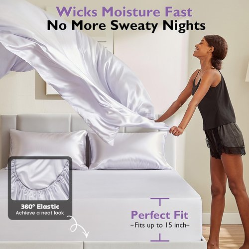 Bamboo Viscose & Silk Blended Silver Infused King Bed Sheets, 10% Silver for Permanent Self-Purifying & Clear Skin & Acne-Prone, Cooling Sheets Bedding for Hot Sleepers, Natural Odor Control Sheets