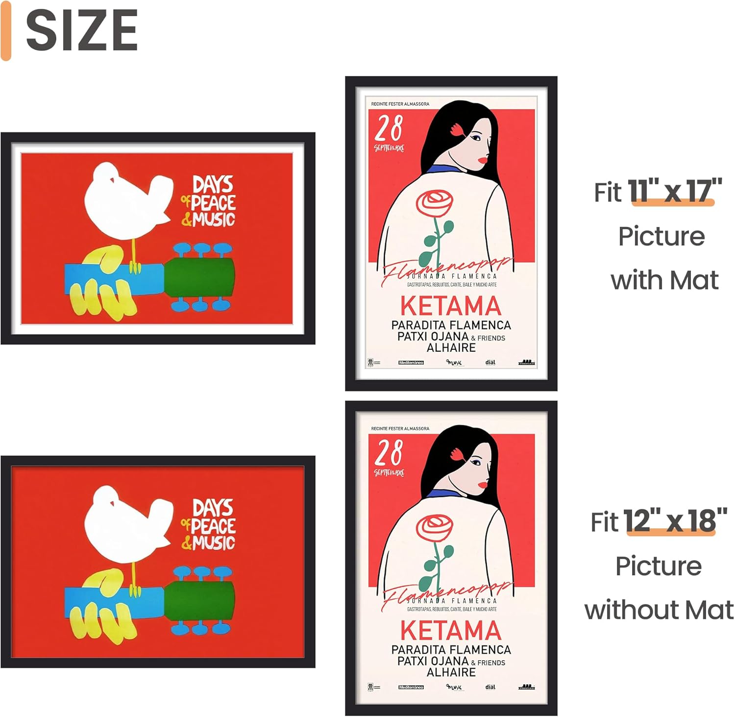 Upsimples 12x18 Picture Frame - Versatile Display for 11x17 with Mat or 12x18 Without - Black, 1 Pack
