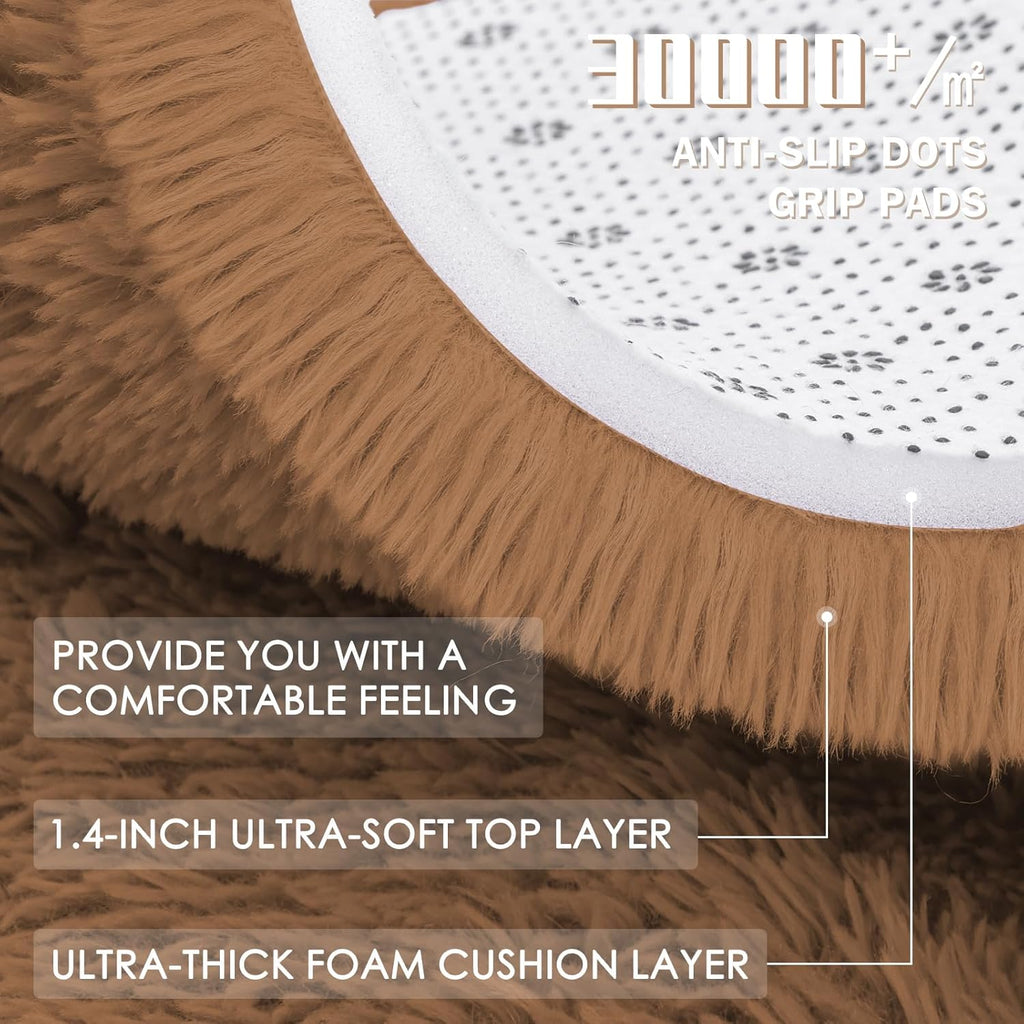OLANLY Round Khaki Area Rug - Soft & Fluffy 6 ft Machine Washable Carpet for Bedroom & Living Room Decor