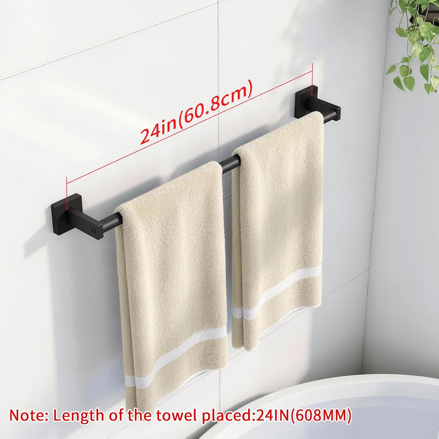 MKO Towel Bar - 24" Hand Towel Holder Rod | Durable Black Metal Wall-Mounted Rack - 2 Pack