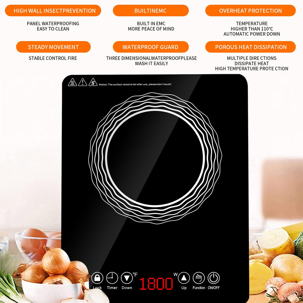 Portable Induction Burner, 1800W, Large 8” Heating Coi, Hot Plate Countertop Burner with Touch Panel, Power & Temp Adjustable, Hot Plate Cooker with 4-Hour Timerl