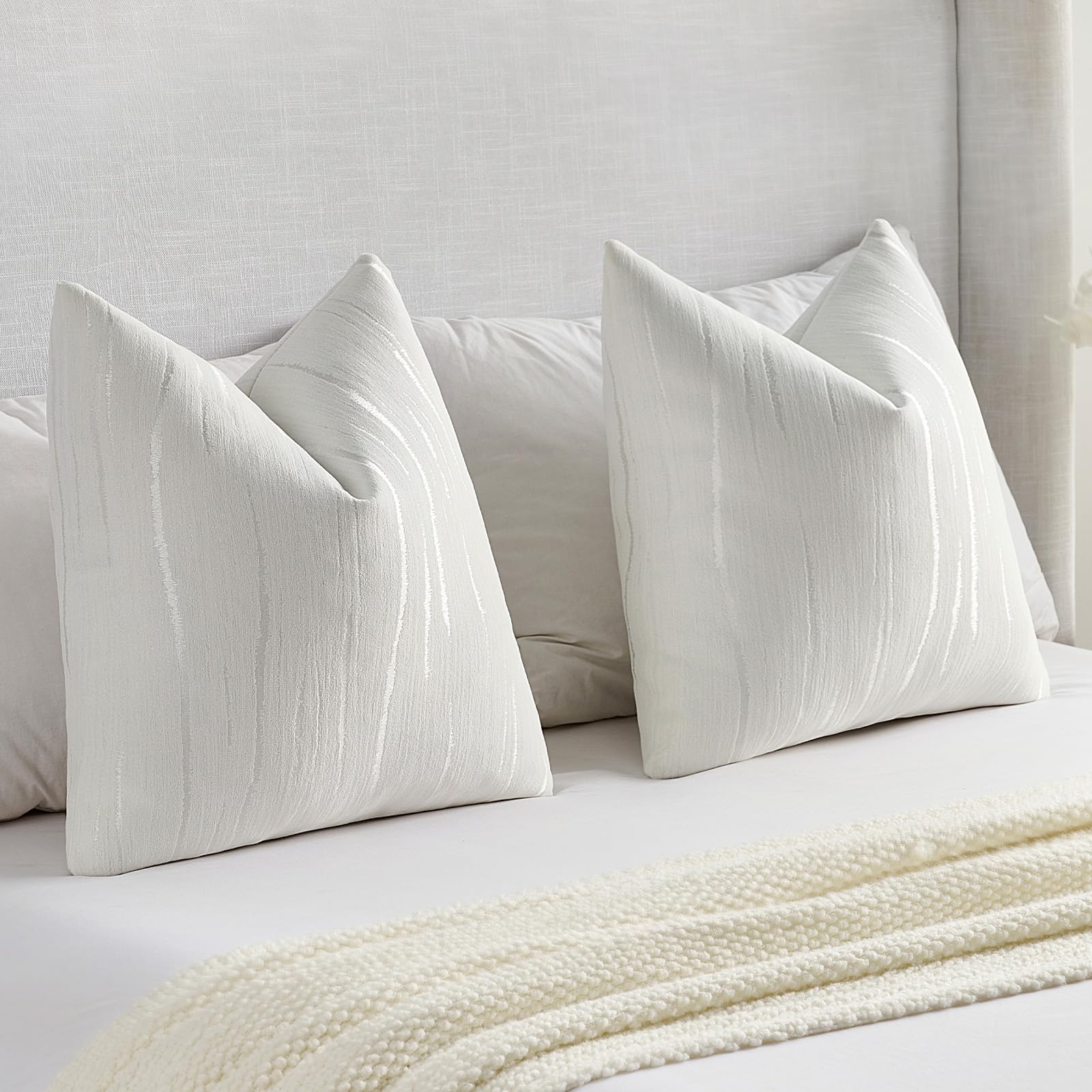 FUTEI White Chenille Decorative Throw Pillow Covers 18x18 Inch Set of 2,Soft Embossed Striped Textured Cushion Case,Modern Home Decor for Couch Bed Living Room