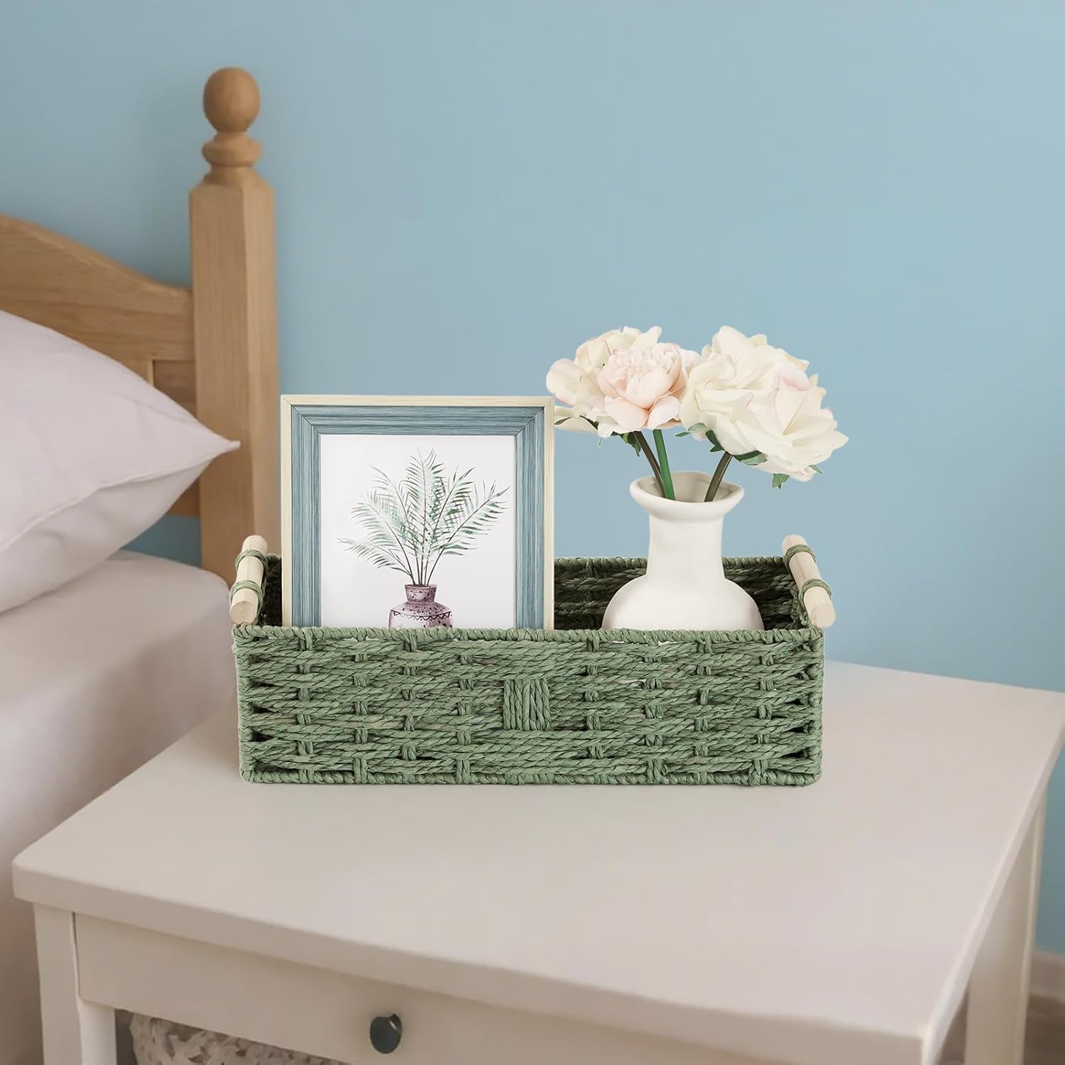 Regine Switzerland Toilet Paper Storage Basket - Decorative Green Wicker Organizer with Wooden Handles