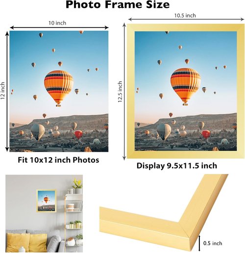 JCJMY Gold 10x12 Picture Frame - Wall Hanging & Mounting Options with Shatter-Resistant Plexiglass