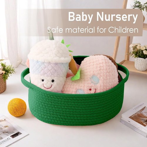 JMvicyroam Woven Basket - Small Rope Storage Bin with Handles & Ribbon Bag | Green, 3-Pack for Organizing Shelves & Closets