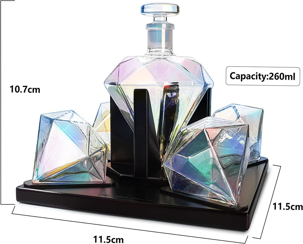 The Wine Savant Diamond Whiskey & Wine Decanter, Iridescent Set - 750ml With 4 Diamond Glasses and Beautiful Mahogany Wooden Holder Liquor, Scotch, Rum, Bourbon, Tequila Tray Whiskey Gifts for Men